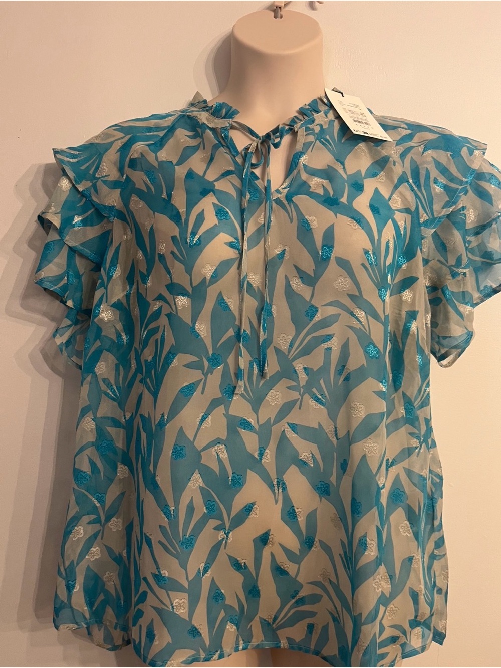 AFF Teal Botanical Sheer Ruffle Sleeve Blouse